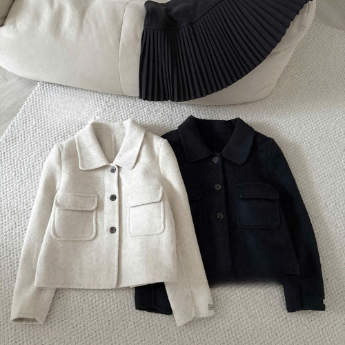 Áo khoác dạ ngắn nữ form rộng cổ bẻ thời trang Hàn Quốc – áo khoác len dày ấm 2 túi trước sang trọng | BigBuy360 - bigbuy360.vn