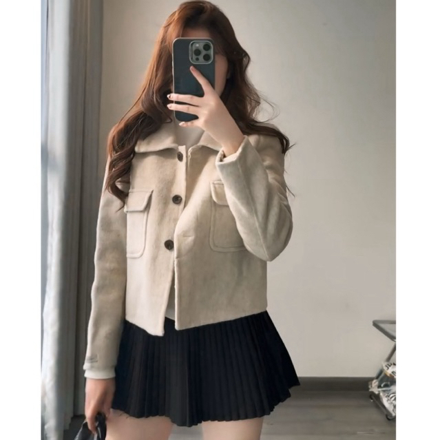 Áo khoác dạ ngắn nữ form rộng cổ bẻ thời trang Hàn Quốc – áo khoác len dày ấm 2 túi trước sang trọng | BigBuy360 - bigbuy360.vn