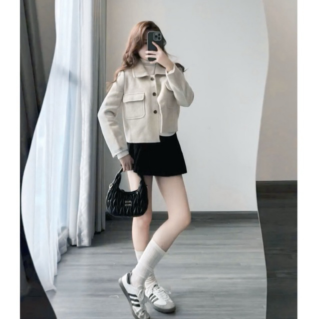 Áo khoác dạ ngắn nữ form rộng cổ bẻ thời trang Hàn Quốc – áo khoác len dày ấm 2 túi trước sang trọng | BigBuy360 - bigbuy360.vn