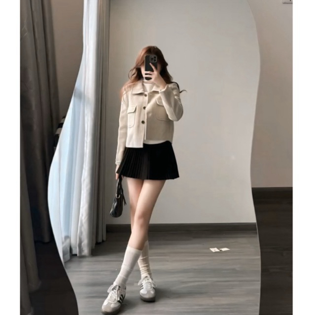 Áo khoác dạ ngắn nữ form rộng cổ bẻ thời trang Hàn Quốc – áo khoác len dày ấm 2 túi trước sang trọng | BigBuy360 - bigbuy360.vn