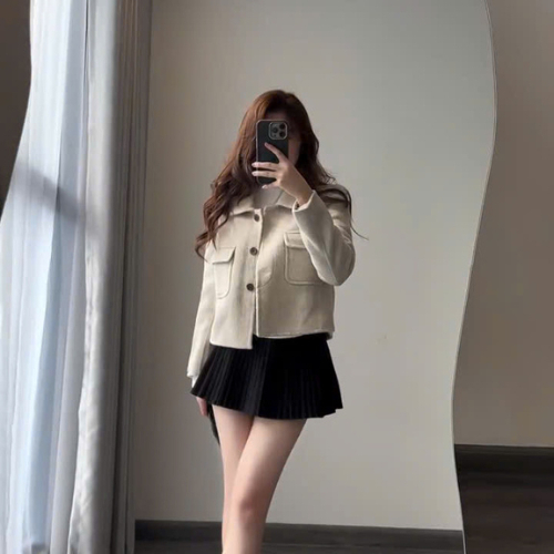 Áo khoác dạ ngắn nữ form rộng cổ bẻ thời trang Hàn Quốc – áo khoác len dày ấm 2 túi trước sang trọng | BigBuy360 - bigbuy360.vn