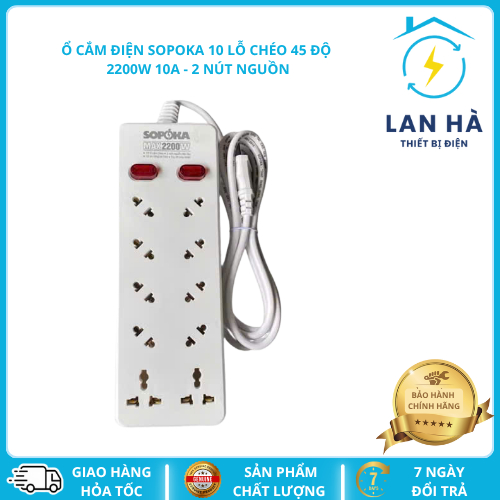Ổ cắm điện SOPOKA  2200W 6 cửa 6A2-3, 6A2-5/ 10 cửa 10A2, 10A4, 10A6 lỗ cắm được chéo 45 độ