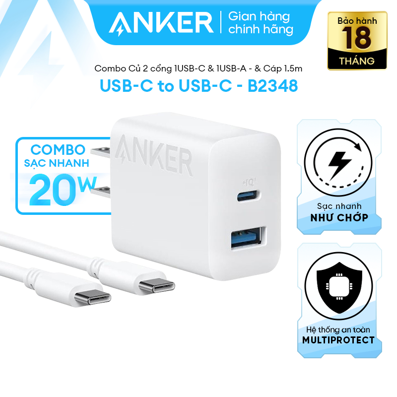 [LIVE] Combo Củ sạc nhanh Anker 20W 2 cổng 1USB-C & 1USB-A Kèm Cáp USB-C to USB-C dùng cho iPhone iP