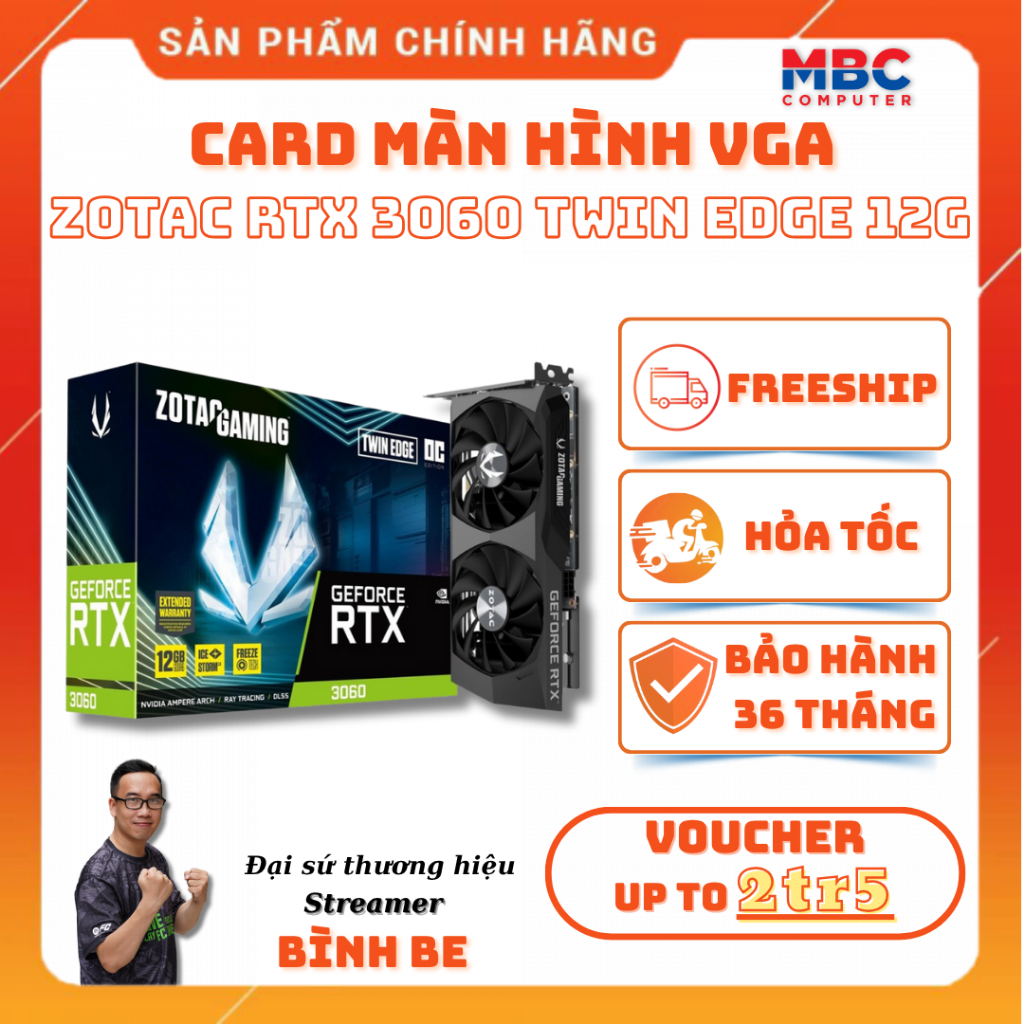 Card màn hình ZOTAC Gaming RTX 3060 Twin Edge 12GB DDR6 - New - Chính hãng - Bảo hành 36 tháng