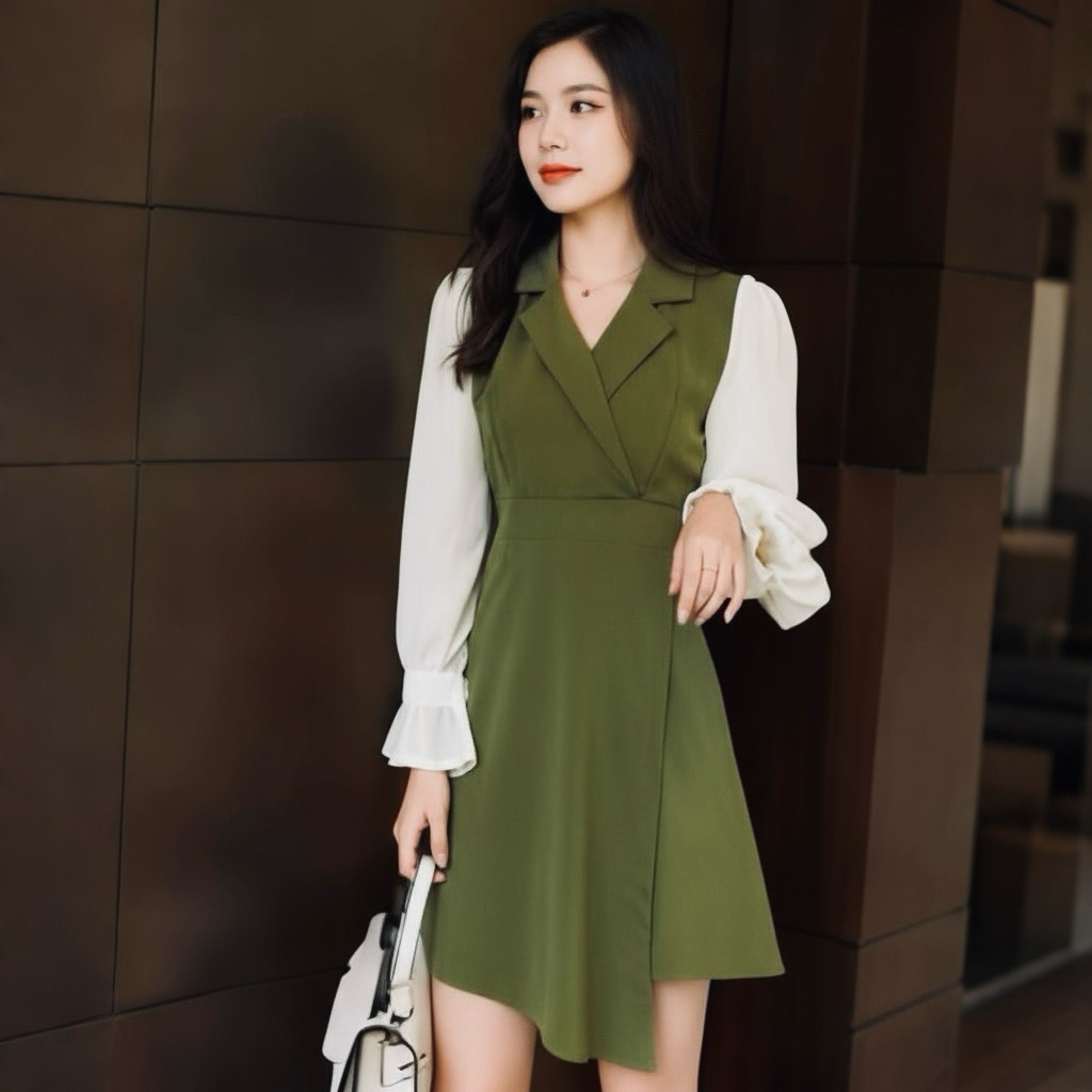 Đầm sơ mi cổ vest màu rêu phối tay trắng (kèm hình thật)