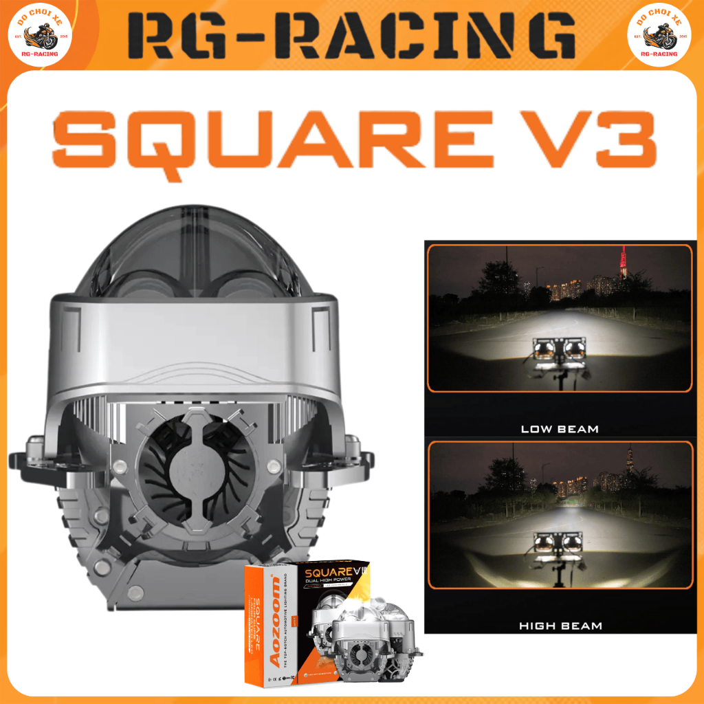 Đèn Bi Cầu Aozoom Square V3 80W 8 Chip Đức Ánh Sáng 5500K Chống Nước IP67 Thấu Kính Vuông Siêu Sáng