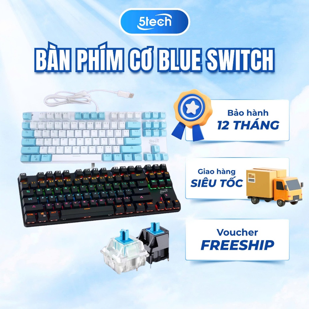 Bàn phím cơ 5TECH blue switch 87 phím cho máy tính gaming, led RGB thiết kế nhỏ gọn dùng cho laptop