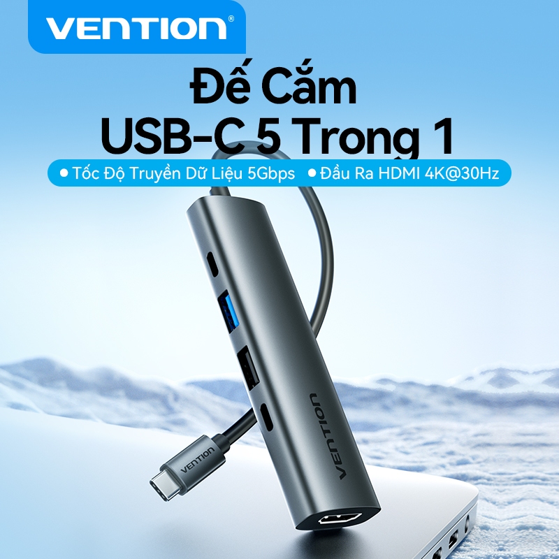 Hub chuyển đổi Vention 5-in-1 HDMI 4K, Sạc Nhanh PD 100W, USB 3.0 5Gbps, Dock Type-C Cho MatBook Laptop | BigBuy360 - bigbuy360.vn
