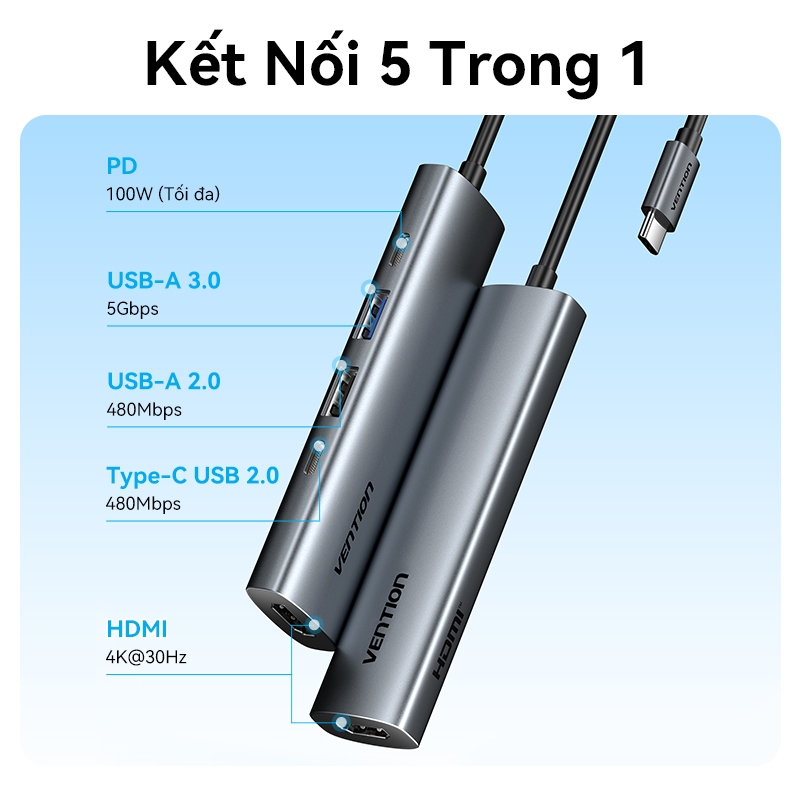 Hub chuyển đổi Vention 5-in-1 HDMI 4K, Sạc Nhanh PD 100W, USB 3.0 5Gbps, Dock Type-C Cho MatBook Laptop | BigBuy360 - bigbuy360.vn