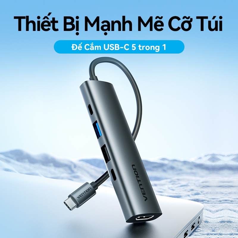 Hub chuyển đổi Vention 5-in-1 HDMI 4K, Sạc Nhanh PD 100W, USB 3.0 5Gbps, Dock Type-C Cho MatBook Laptop | BigBuy360 - bigbuy360.vn