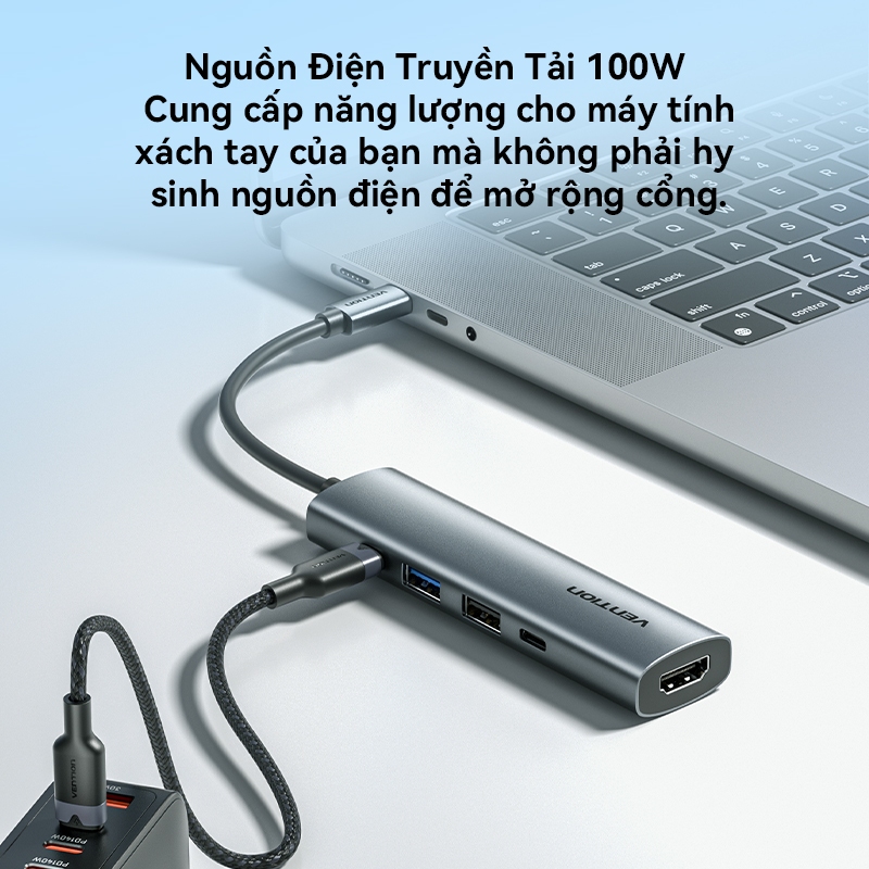 Hub chuyển đổi Vention 5-in-1 HDMI 4K, Sạc Nhanh PD 100W, USB 3.0 5Gbps, Dock Type-C Cho MatBook Laptop | BigBuy360 - bigbuy360.vn