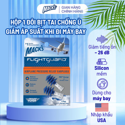 Hộp 1 đôi nút bịt tai Mack's Flightguard chống ù, giảm áp suất, tiếng ồn khi đi máy bay,  silicone siêu mềm, êm tai