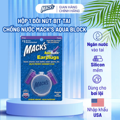 Hộp 1 đôi nút bịt tai chống nước Mack’s Aqua Block dùng cho bơi lội màu tím