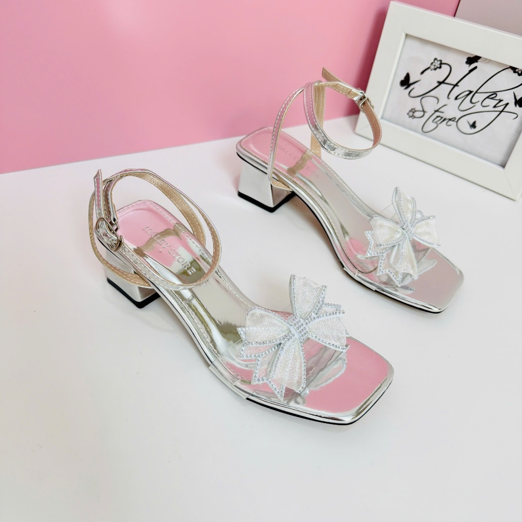 Giày Sandal nữ gót vuông 5p quai ngang đính nơ đá đi chơi đi tiệc cô dâu ngày cưới HALEY STORE đá bạ