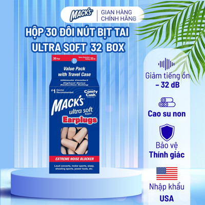 Hộp 30 đôi nút bịt tai Macks Ultra Soft 32L kèm hộp đựng nút bịt tai mini