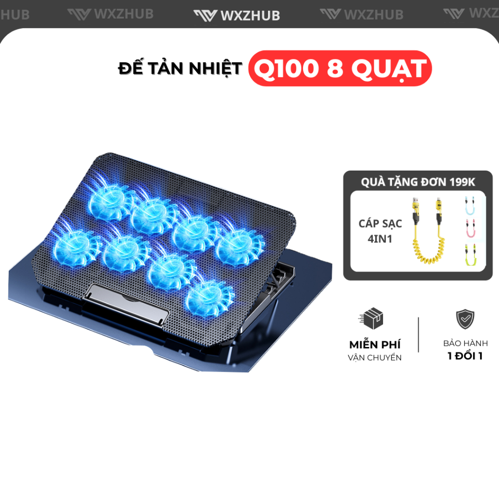 Đế Tản Nhiệt Laptop Q100 8 Quạt Lớn, Giá Đỡ Laptop 4 Tùy Chỉnh Độ Cao, Hỗ Trợ Laptop 12-17 Inch