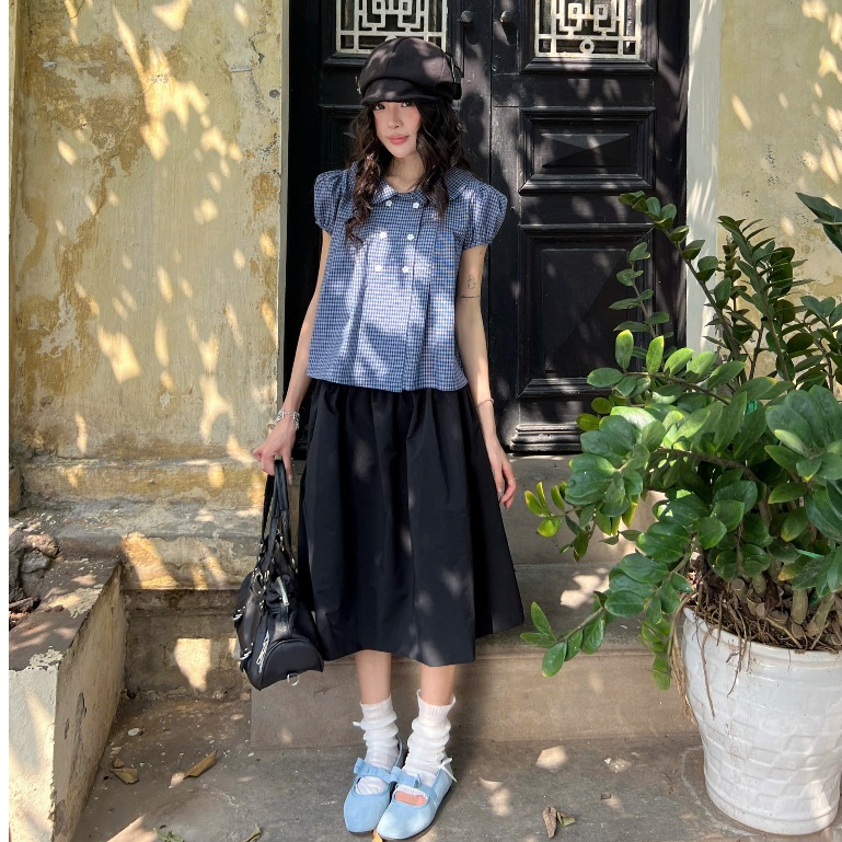 AREUM Áo sơ mi kiểu RIKO Top CỔ SEN tay bồng vải caro | BigBuy360 - bigbuy360.vn