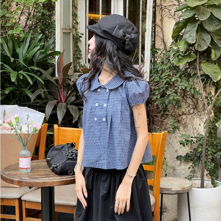 AREUM Áo sơ mi kiểu RIKO Top CỔ SEN tay bồng vải caro | BigBuy360 - bigbuy360.vn