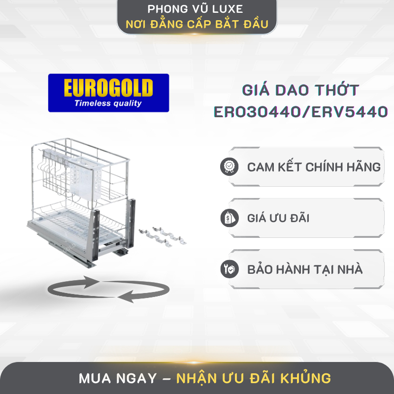 Kệ Dao Thớt Eurogold ERO30440/ERV5440, Ray Giảm Chấn, Inox 304 Cao Cấp, Dùng Cho Tủ Bếp Dưới