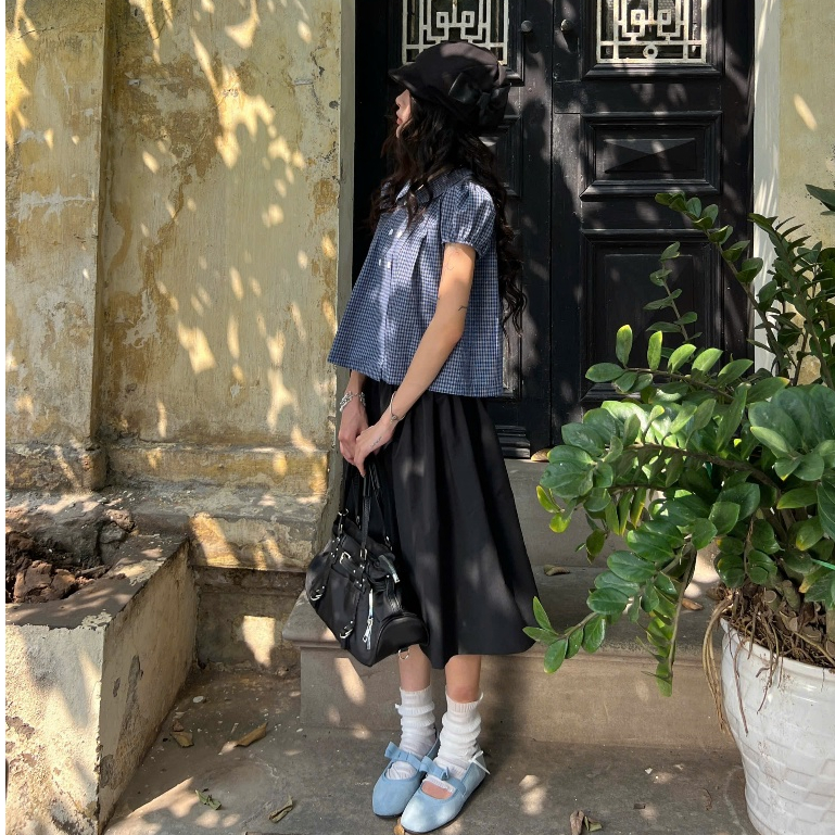 AREUM Áo sơ mi kiểu RIKO Top CỔ SEN tay bồng vải caro | BigBuy360 - bigbuy360.vn