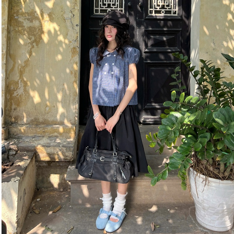 AREUM Áo sơ mi kiểu RIKO Top CỔ SEN tay bồng vải caro | BigBuy360 - bigbuy360.vn