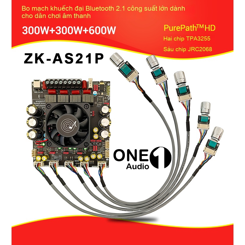 Mạch khuếch đại âm thanh 2.1 ZK-AS21P công suất sub 600W, vệ tinh 300Wx2, bluetooth 5.1,18-50VDC