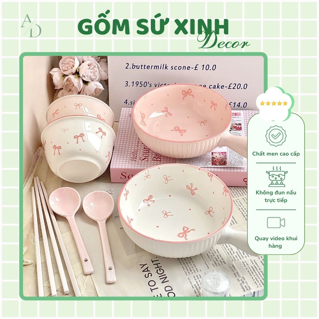 Set Bát Sứ Tô Tay Cầm 3 Món Nơ Ngọt Ngào Trang Trí Đáng Yêu