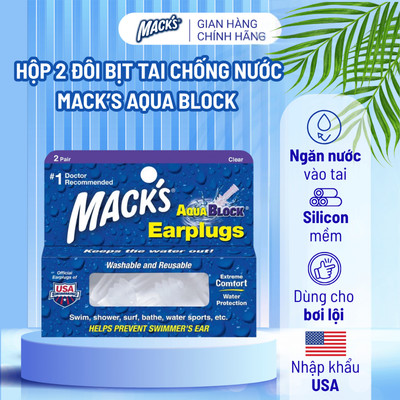 Hộp 2 đôi nút bịt tai chống nước Mack’s Aqua Block dành cho bơi lội (Màu Clear)