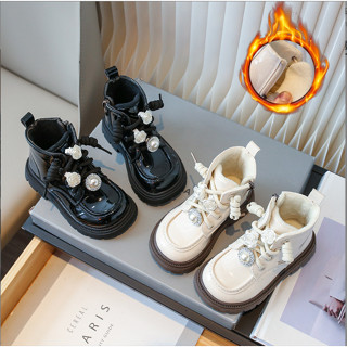  Mới Sz 23-35 Bốt Da Bóng Lót Lông Phối Stick Đá Hoa Hồng Cho Bé Gái K077 