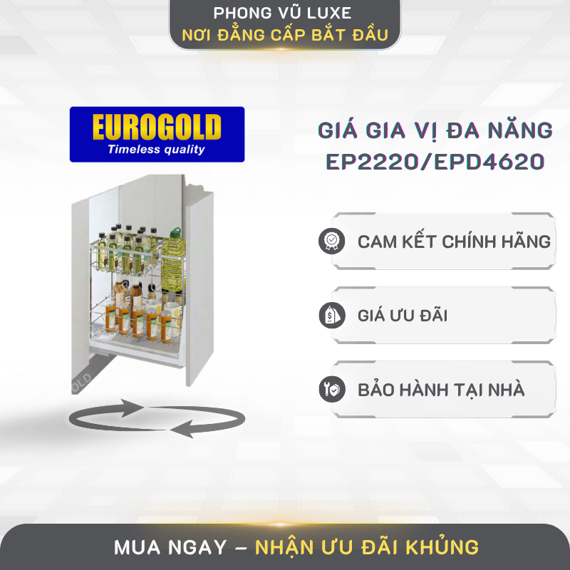 Giá gia vị Eurogold EP2220/ EPD4620 Inox 304 Kệ tủ bếp ray giảm chấn, bắt mặt cánh