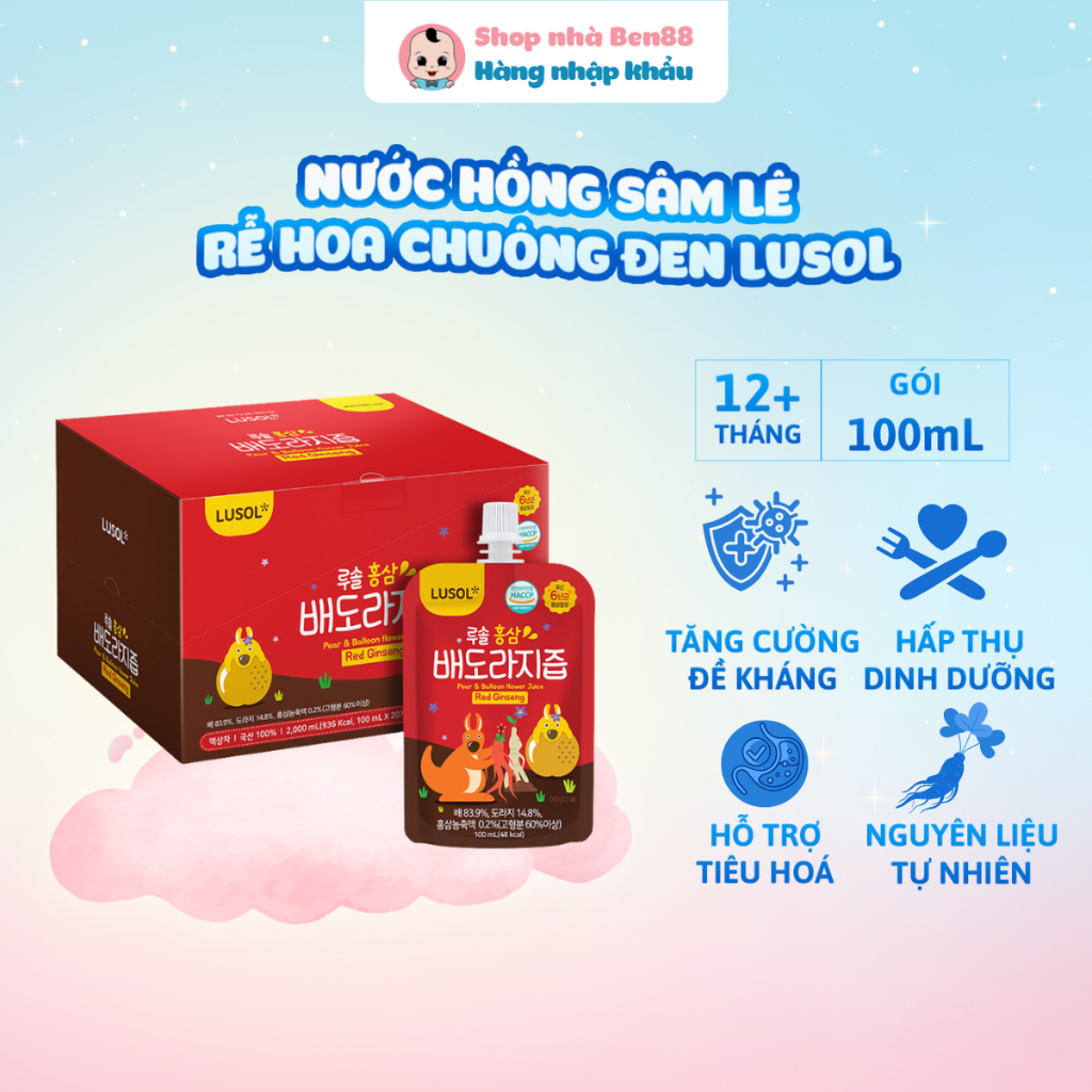 Nước Hồng Sâm Lê Rễ Hoa Chuông Lusol Nội Địa Hàn Quốc Cho Bé Từ 12 Tháng Tuổi (Gói 100ml)