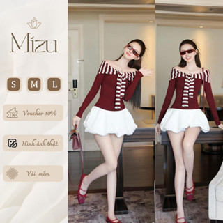  Áo dài tay trễ vai áo len dài tay phối kẻ sọc ôm body khăn thuỷ thủ phong cách năng động_A0009 