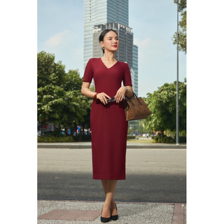Váy viên thiết kế dáng công sở cổ V form suông chiết eo che bụng tôn dáng Hoàng Thị Boutique