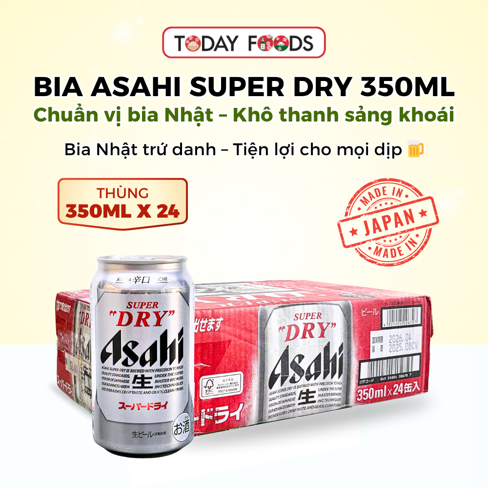 Bia Asahi Super Dry 350ML – Thùng 24 lon – Bia Nhật vị khô thanh mát, chuẩn phong cách Nhật Bản