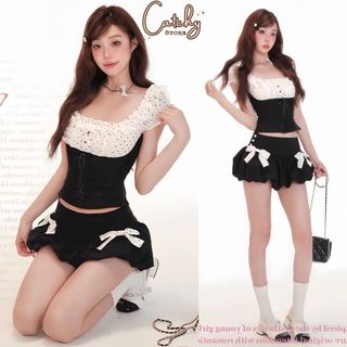 Set đồ nữ áo kiểu chấm bi cổ vuông viền bèo phối quần bí đính nơ xinh xắn tiểu thư CATCHYstore 