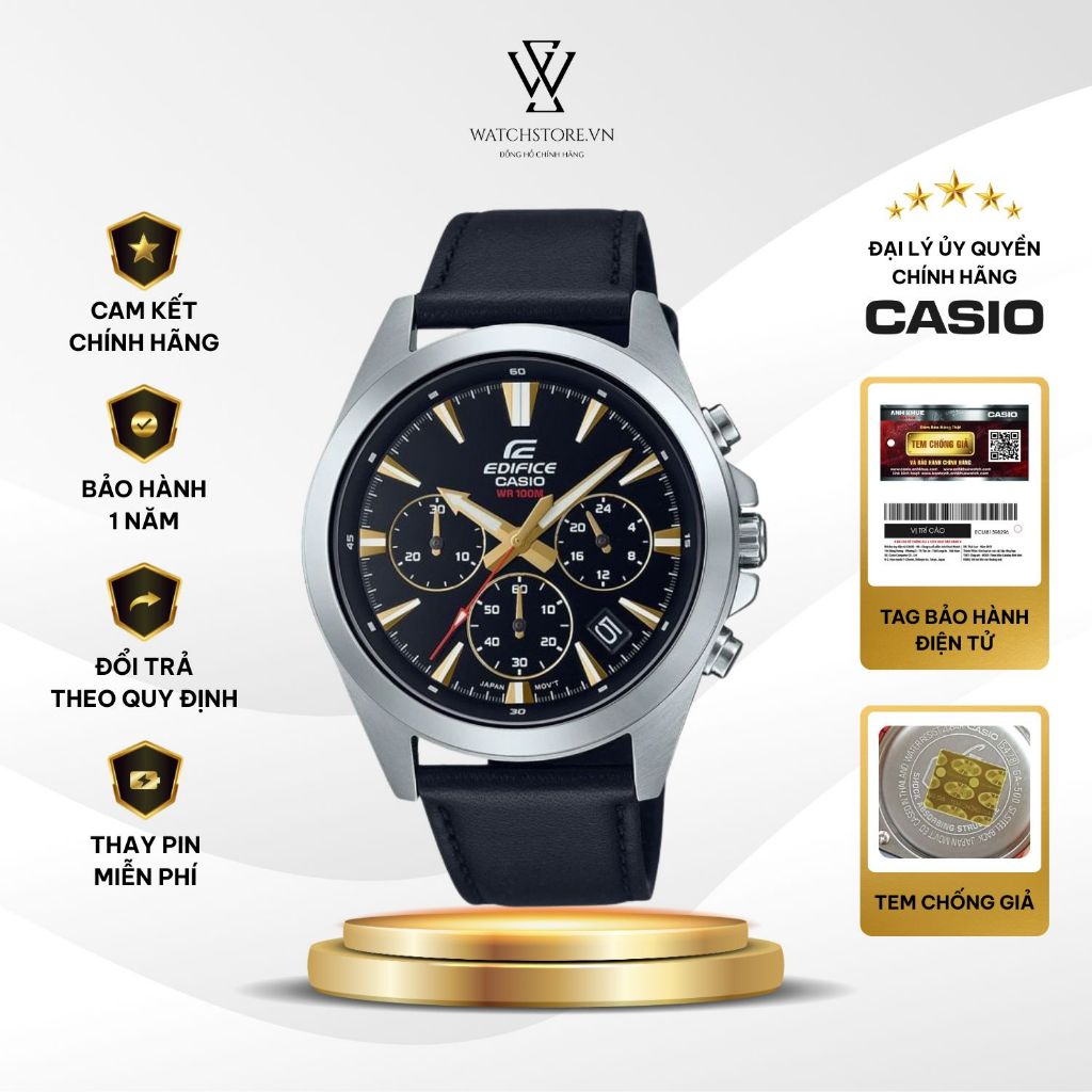 Đồng Hồ Casio Edifice Nam EFV-630L-1AVUDF Mặt Đen 6 Kim Mặt Kính Khoáng 43.9mm Chống Nước Dây Da Chí