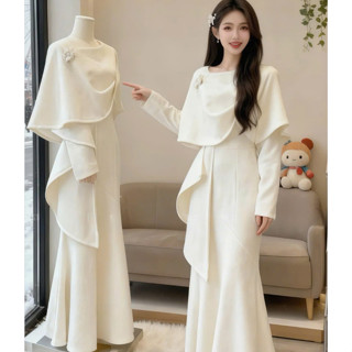  Váy Body Dáng Dài Đuôi Cá Kèm Áo Choàng Màu Trắng MELLYSTORE Chất Vải Thun Cao Cấp  Đẹp Quyến Rũ ,Sang Trọng 