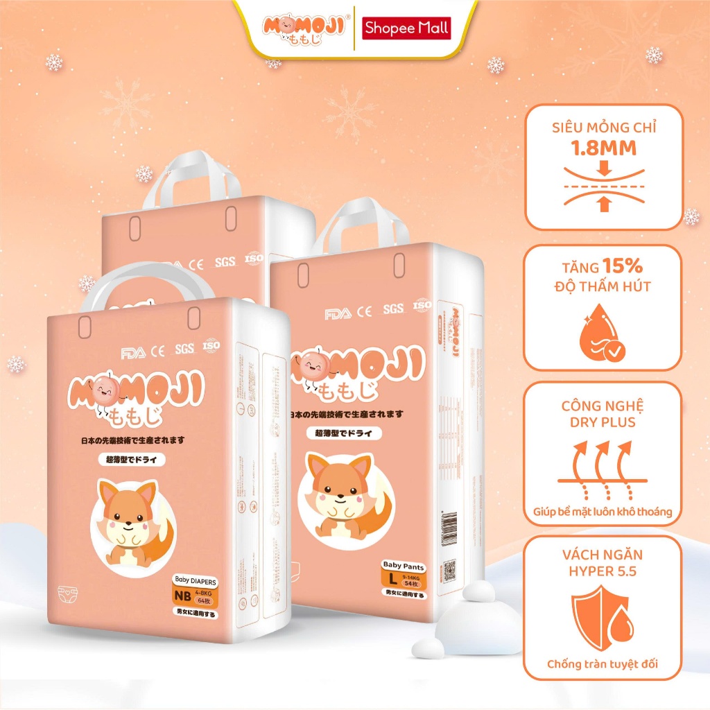 [Không Quà] Tã Bỉm Momoji Extra Plus Mềm Mại, Siêu Mỏng, Siêu thấm hút NB64/S60/M56/L54/XL50/XXL48/XXXL44