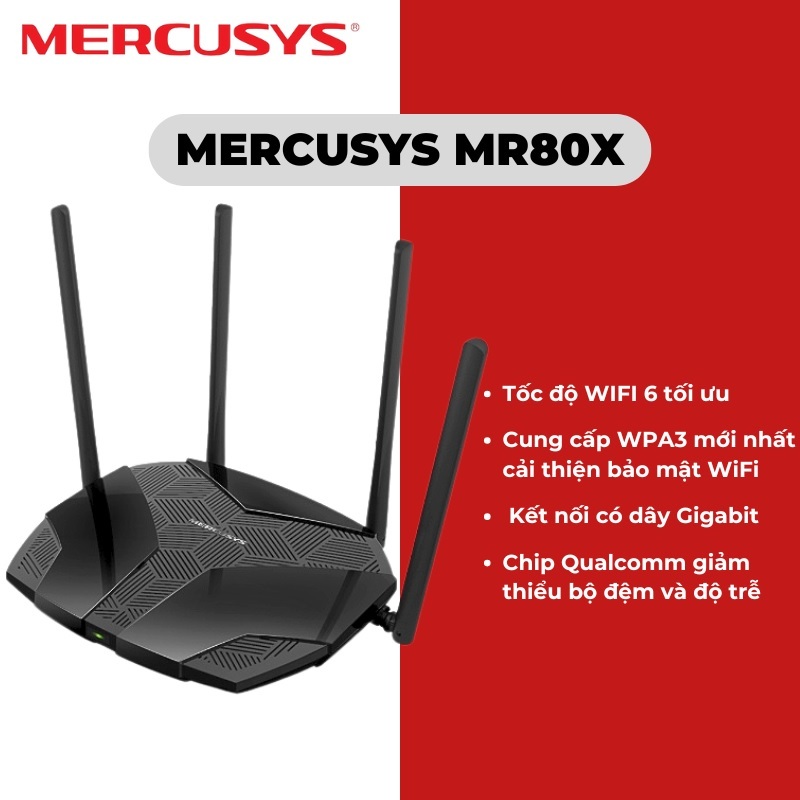 Bộ phát wifi 6 Mercusys MR80X (Chuẩn AX/ AX3000/ 4 Ăng-ten ngoài)