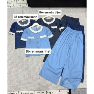  Sét áo tay cộc quần ống  suông_ Chất bò  lụa mềm mịn  phối ren sang chảnh  thanh lịch nữ tính 