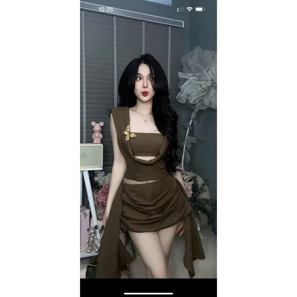 Set Áo Cổ U Phối Áo Quây Đính Tag + Chân Váy Chữ A Rũ Tà Dự Tiệc Kieupham.shop | BigBuy360 - bigbuy360.vn