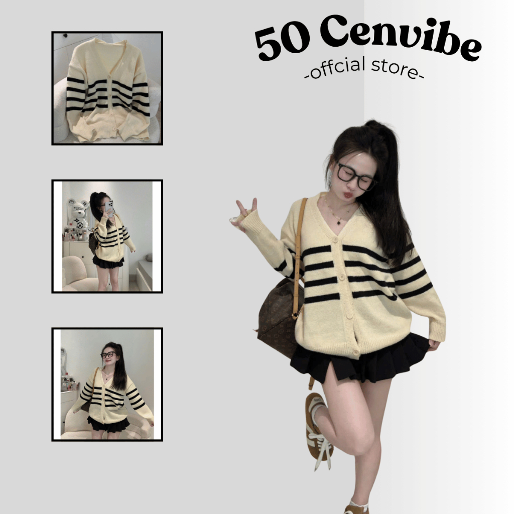 Áo Cardigan Nữ Dài Tay Dáng Dài Chất Liệu Len Dệt Kim Kẻ Sọc Ngang Phong Cách Korea (50 Cenvibe Clot
