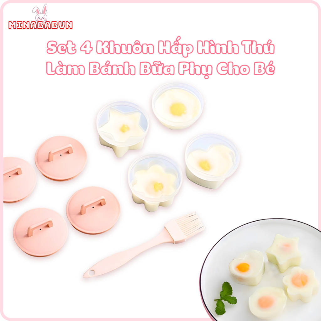Khuôn Hấp Thú,  Set 4 Khuôn Hấp Hình Thú Làm Bánh Bữa Phụ Cho Bé Ăn Dặm Tặng Chổi Phết Dầu