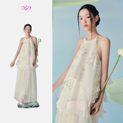 Áo yếm OLV xếp tầng bèo dịu dàng Thanh Uyển nữ tính phù hợp dịp lễ tết (Không kèm chân váy)
