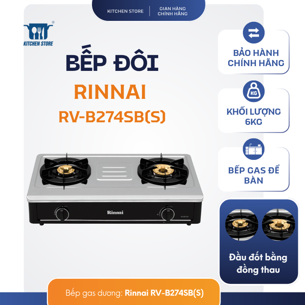 Bếp gas để bàn Rinnai RV-B274SB(S) 702mm mặt thép không gỉ 2 lò nấu đầu đốt đồng thau Kitchen Store 