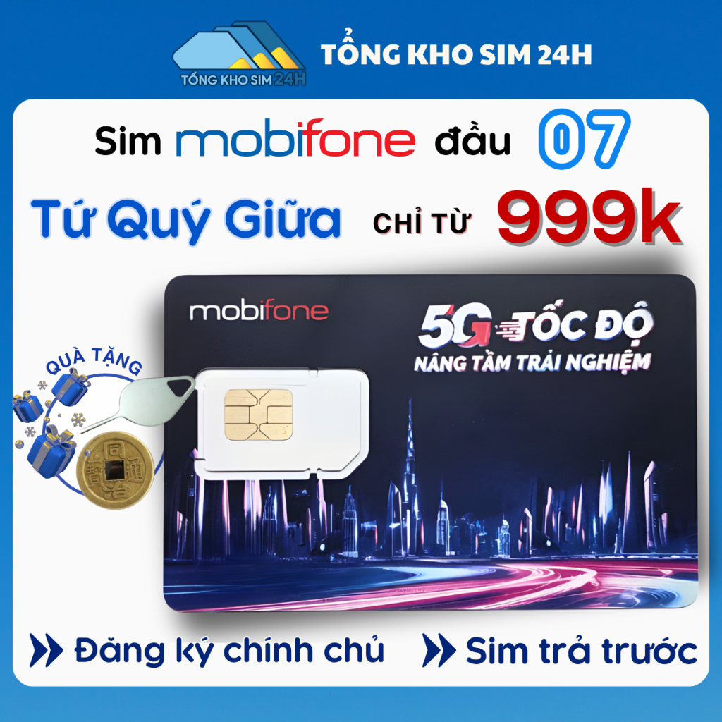 Giá từ 999k Sim Mobifone Số Đẹp TRẢ TRƯỚC VIP 07, Tứ Quý Giữa dễ nhớ [DKCC + ESIM tại Mobifone]