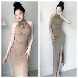  Váy nữ xinh đầm nữ dự tiệc 402 cổ yếm xếp ly xẻ tà tôn dáng sang chảnh che khuyết điểm vải ladong freesize Nữ 