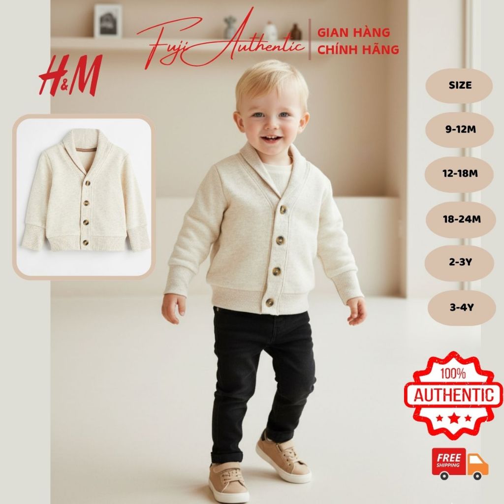 [7-18kg] Áo khoác bé trai H&M AUTH áo cadigan nỉ lót bông cổ bẻ cho bé 4 tháng - 3 tuổi
