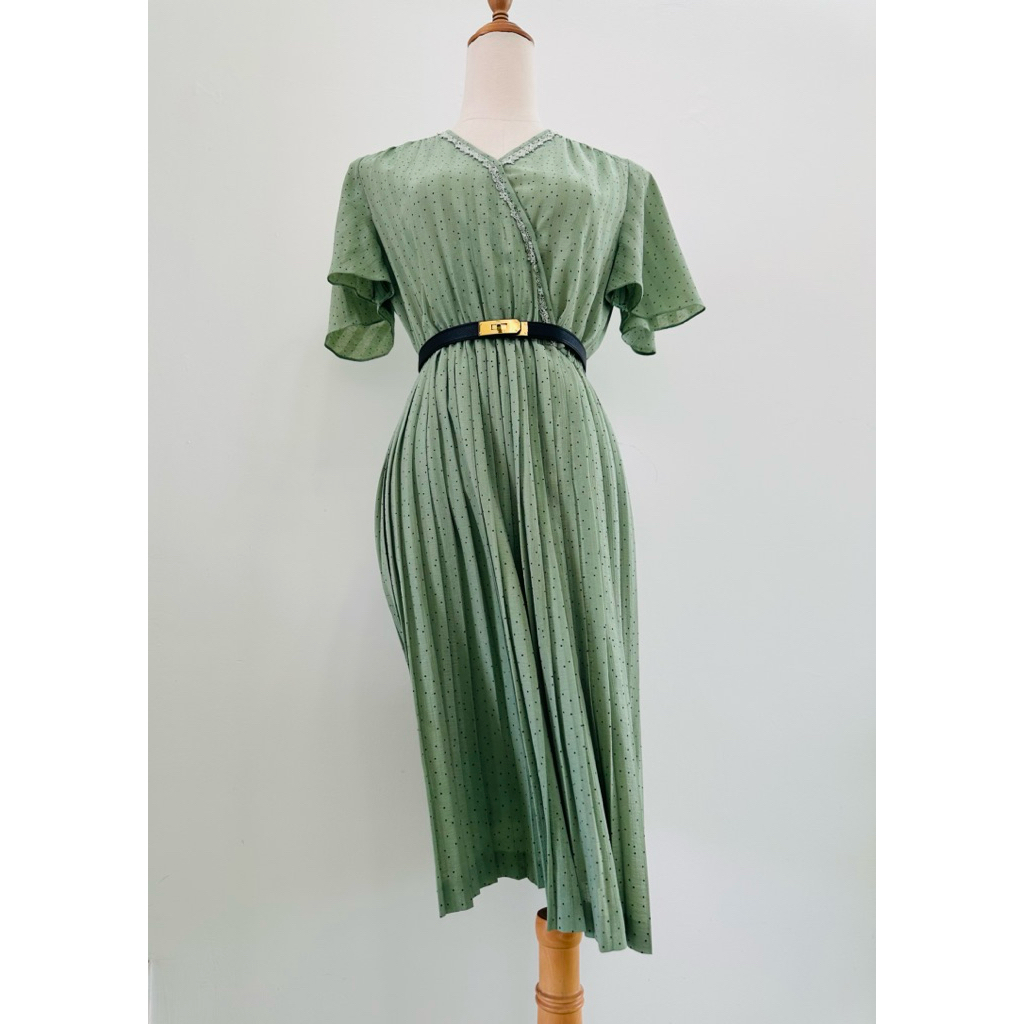 Cocomilan - Đầm vintage xếp ly chấm bi tay ngắn Size 9 Si Nhật 2hand