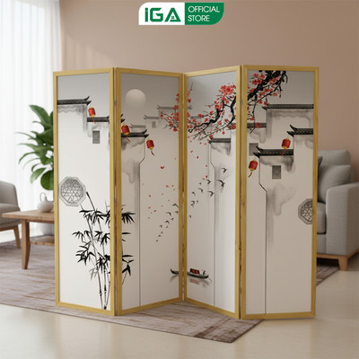 Bình phong vách ngăn gấp gọn bộ 4 tấm khung gỗ thông nhập khẩu cao cấp thương hiệu IGA - IG430
